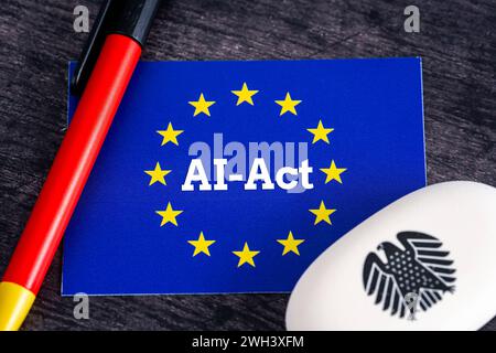 7 février 2024 : lettrage sur un logo de l'Union européenne, ai-Act. Image symbolique pour les lois et la réglementation de l'intelligence artificielle en Europe PHOTOMONTAGE *** Schriftzug auf Einem logo der Europäischen Union, ai-Act. Symbolbild für die gesetze und Regulierung von Künstlicher Intelligenz in Europa FOTOMONTAGE Banque D'Images