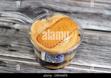 Le Caire, Egypte, 5 février 2024 : Lotus biscuit et biscuit crème mousse par Remas Land, avec gâteau au fudge et crème mousse, une mousse est un foo préparé doux Banque D'Images