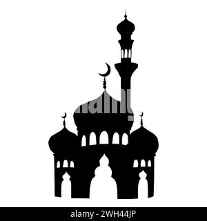 Silhouette de mosquée islamique et minaret avec illustration de croissant de lune isolé sur fond blanc. Musulmane dessinée à la main Ramadan Kareem ou Aïd Banque D'Images