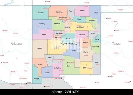 Carte politique colorée des comtés qui composent l'état du Nouveau-Mexique situé aux États-Unis. Banque D'Images