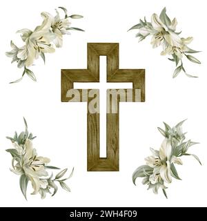 Croix chrétienne en bois avec compositions de fleurs de lys blanches. Le symbole catholique ou orthodoxe peint à la main pour la première communauté, le baptême et Pâques Banque D'Images