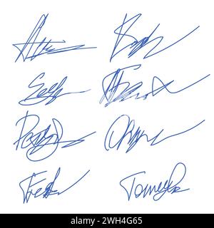 Signature manuscrite. Différents exemples de signatures isolés sur fond blanc. Ensemble d'illustration vectorielle d'empreinte de nom dessinée à la main Illustration de Vecteur