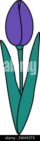Fleur de tulipe stylisée en violet et vert tendance. Élément de conception pour cartes ou voeux printaniers. Isoler. EPS. Icône. Vecteur pour affiche, bannière, brochures, panneaux d'affichage, promo ou web, étiquette de prix, étiquette Illustration de Vecteur