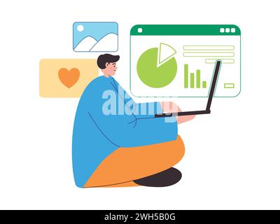jeune homme assis avec la technologie d'ordinateur portable entreprise de travail moderne et diagramme graphique graphique Illustration de Vecteur