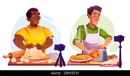 Cours de cuisine en ligne et blogs. Ensemble de vecteur de dessin animé de l'homme préparant de délicieux repas et le processus de tournage avec la caméra de smartphone. Vlogger de personnage de cuisinière masculine partageant la classe de maître de cuisine. Illustration de Vecteur