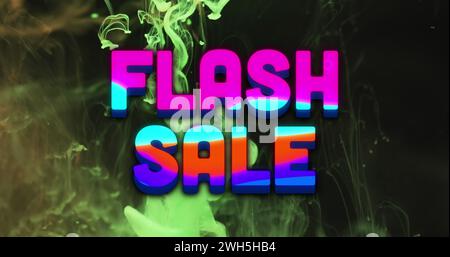 Image du texte de vente flash sur le liquide vert sur fond noir Banque D'Images