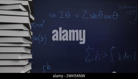 L'image numérique animée présente des livres avec des équations mathématiques et des graphiques sur un fond sombre. Banque D'Images