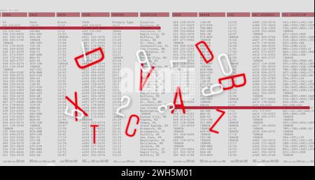 Image of floating numbers and letters over scientific data processing Banque D'Images