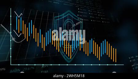 Image de graphiques et cadenas numérique sur fond noir avec des lumières Banque D'Images