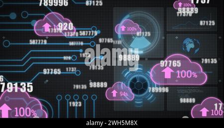 Plusieurs chiffres changeants sur le cloud avec des icônes de pourcentage croissant et le traitement des données Banque D'Images
