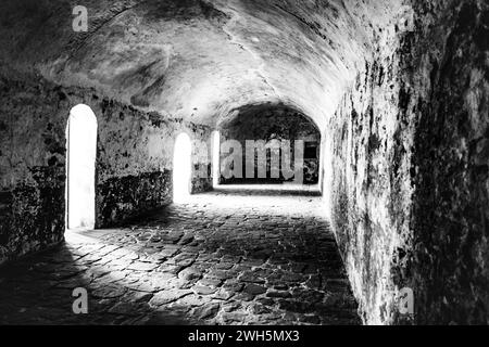 Une vue panoramique du château d'Elmina, Ghana, Afrique, en noir et blanc Banque D'Images