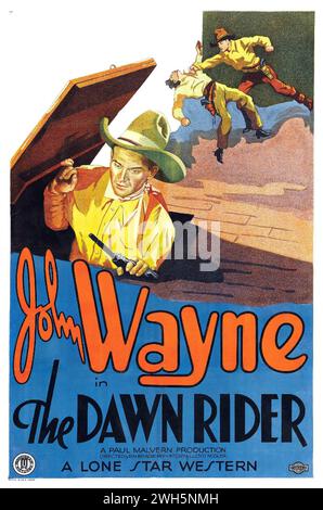 WESTERN star John Wayne dans The Dawn Rider (Monogram, 1935) film occidental - affiche de film vintage Banque D'Images