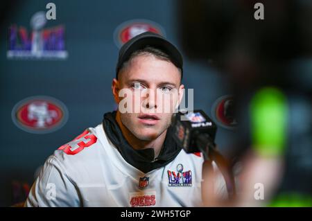 Les 49ers de San Francisco courent en arrière Christian McCaffrey lors d'une journée médiatique au Hilton Lake Las Vegas Resort and Spa, Henderson. Date de la photo : mercredi 7 février 2024. Banque D'Images