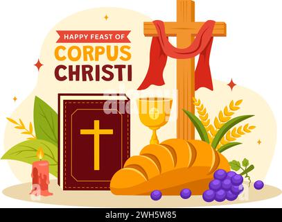 Illustration vectorielle religieuse catholique de corpus Christi avec Fête, Croix, pain et raisins dans le fond de dessin animé plat de célébration de vacances Illustration de Vecteur