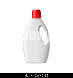 Bouteille liquide réaliste de détergent à lessive ou d'adoucissant, maquette de paquet de conteneur vectoriel. Bouteille en plastique blanc de détergent à laver ou bouteille de conditionneur de tissu maquette réaliste avec bouchon de mesure rouge Illustration de Vecteur