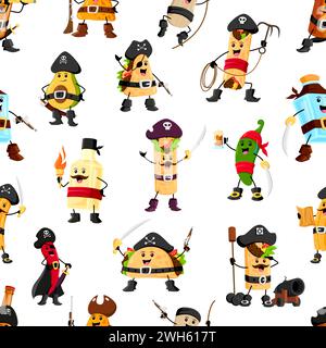 Dessin animé pirate et corsaire tex mex personnages mexicains sans couture. Tissu ou textile vectoriel imprimé avec avocat, burrito, enchilada, pulque et tequila, taco, nacho personnages pirates drôles Illustration de Vecteur