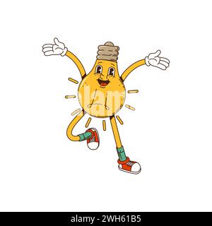 Groovy personnage d'ampoule de lampe de dessin animé, dans l'art hippie des années 60 et 70, comic funky vecteur. Lampe à ampoule groovy joyeuse avec bras serrés ou embrassants pour la paix, le style rétro original et le pop art groovy Illustration de Vecteur
