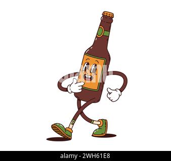 Personnage groovy de bouteille de bière de dessin animé. Personnage de flacon psychédélique funky vecteur isolé avec des couleurs vintage, des yeux groove et un large sourire, marchant joyeusement, rayonnant des vibrations rétro et un charme décontracté Illustration de Vecteur