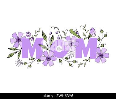 Une représentation artistique du mot MAMAN en lettres violettes, ornée de fleurs complexes et de feuillage vert, symbolisant l'affection et l'appréciation. Illustration de Vecteur