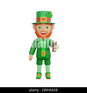 Illustration 3D de obtenir Personnage de Patrick's Day Leprechaun tenant un verre de bière mousseuse Banque D'Images