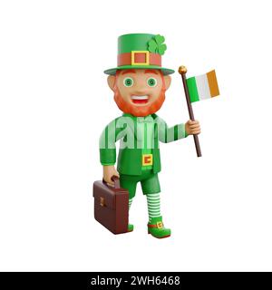 Illustration 3D d'un leprechaun joyeux tenant un drapeau de l'Irlande dans une main et une mallette dans l'autre, parfait pour être Fête de Patrick sur le thème proje Banque D'Images