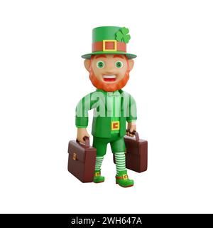 Illustration en 3D d'un leprechaun joyeux tenant deux porte-documents, parfait pour être réunis Projets thématiques de la fête de Patrick Banque D'Images