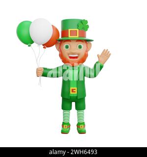 Illustration 3D d'un leprechaun joyeux, vagues bonjour tout en tenant des ballons, parfait pour être équipé Projets thématiques de la fête de Patrick Banque D'Images