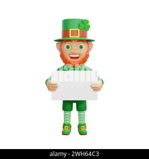 Illustration 3D d'un leprechaun joyeux, tenant une pancarte blanche, parfait pour les équipements Projets thématiques de la fête de Patrick Banque D'Images