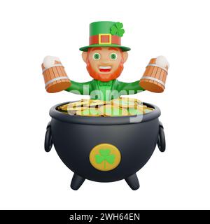 Illustration 3D d'un joyeux leprechaun tenant deux tasses de bière en bois, entouré de pièces d'or ornées de trèfles, symbolisant la chance et prosperi Banque D'Images