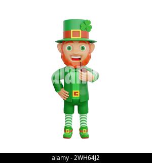 Illustration 3D d'un leprechaun joyeux tenant une pipe, parfait pour être équipé Projets thématiques de la fête de Patrick Banque D'Images