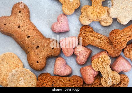 collection de diverses friandises et produits à mâcher pour chiens sur une surface grise tachetée avec espace de copie Banque D'Images