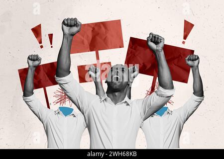 Collage de photos photos photos créatives collègues employés montrant les droits de démonstration détiennent des affiches proclament contre les collègues sans tête Banque D'Images