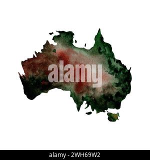 Vue satellite de l'Australie. Carte topographique avec les principales zones géographiques colorées selon l'outback. Illustration aquarelle sur fond blanc Banque D'Images