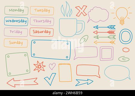 icône de conception d'élément coloré forme géométrique bulle de parole bulle de boisson flèche d'amour tic-tac et décoration créative de jour Illustration de Vecteur