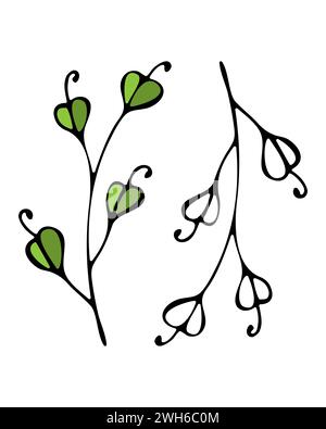 Cette image représente un simple dessin au trait noir de deux vignes élégantes, l'une avec des feuilles, sur un fond blanc foncé, mettant en valeur un contraste dans la complexité et la simplicité de la nature. Illustration de Vecteur