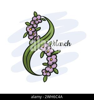 Texte du 8 mars fait de feuilles et de fleurs. Carte postale pour la Journée internationale de la femme. Illustration de Vecteur