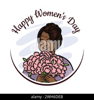 Femme à la peau foncée avec un bouquet de fleurs. Journée internationale de la femme Illustration de Vecteur