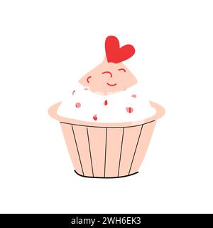 Cupcake blanc avec crème rose et coeur rouge. L'illustration vectorielle peut être utilisée pour la carte de voeux, la bannière de célébration, l'étiquette, la carte de mariage. Illustration de Vecteur
