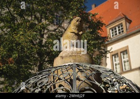 Fontaines historiques à Stuttgart - beau détail : un castor de grès se trouve sur la colonne de la fontaine du castor. En arrière-plan : Stuttgart Feuerba Banque D'Images