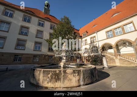 Fontaines historiques sur la place de la mairie de Stuttgart Feuerbach. Dans l'image : fontaine de castor et l'hôtel de ville de 1909 dans le soleil du soir. Banque D'Images