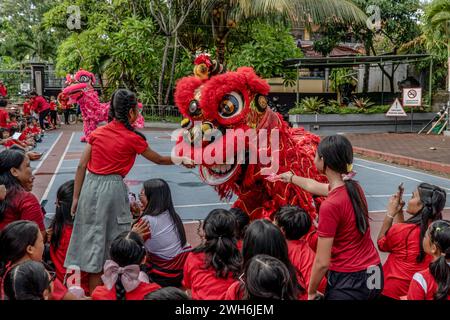 Badung, Indonésie. 07 février 2024. Barongsai Lion Dance divertit les élèves de l'école Widiatmika à Jimbaran, Badung, marquant la célébration du nouvel an lunaire chinois, prévu pour le 10 février 2024. Le nouvel an lunaire chinois en 2024 marque l'année du Dragon. (Photo de Dicky Bisinglasi/SOPA images/Sipa USA) crédit : Sipa USA/Alamy Live News Banque D'Images