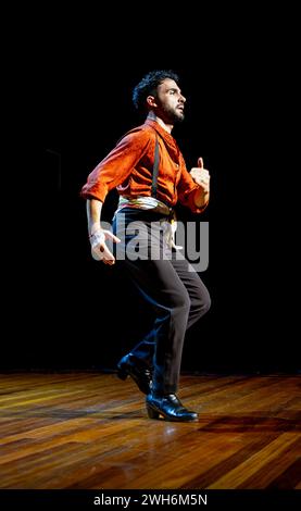 Danseur de flamenco masculin concentré avec une tenue traditionnelle se produisant sur une scène en bois, incarnant l'esprit de la danse, photo verticale. Banque D'Images