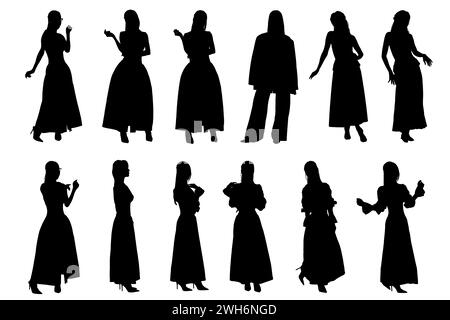 Silhouettes de jeune femme en activité, groupe de personnes isolées sur fond blanc Banque D'Images