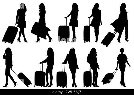 Silhouettes de jeune femme voyageuse marchant avec une valise Banque D'Images