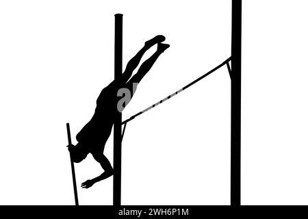 athlète masculin en plein air dans l'événement de voûte à la perche, mettant en valeur la force et l'agilité, silhouette noire sur fond blanc Banque D'Images