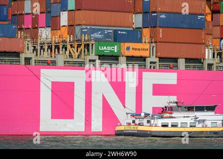 MAASVLAKTE, ROTTERDAM, PAYS-BAS - 17 MARS 2019 : gros plan de la continuité Containership One, qui est amarré au terminal Delta au ma Banque D'Images