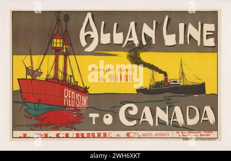 Affiche de voyage vintage. Allan Line Ship, avec service du Havre en France au Canada. Signé Norman Wilkinson Banque D'Images