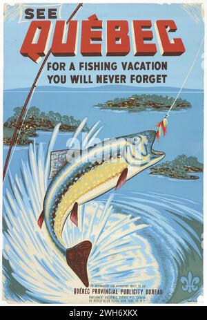 Affiche de voyage vintage de l'office du tourisme de la province de Québec 'Voir Québec pour des vacances de pêche que vous n'oublierez jamais'. Dommages aux coins Banque D'Images