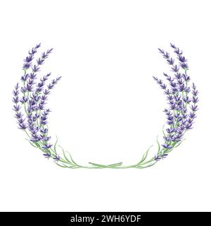 Aquarelle ronde délicate cadre floral de fleurs de lavande violette. Couronne modèle à partir d'herbes naturelles avec espace de copie. Illustration isolée dessinée à la main Banque D'Images