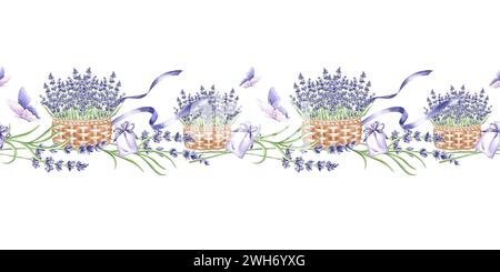 Bordure sans couture de paniers avec des fleurs de lavande violette, des rubans et des papillons. Fond d'illustration dessiné à la main à l'aquarelle avec des plantes florales sty Banque D'Images